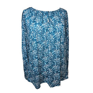 ST.‎ JOHN'S BAY TEAL & WHITE FLORAL LACEY LONG SLEEVE WOMEN'S BLOUSE SZ LG NWOT